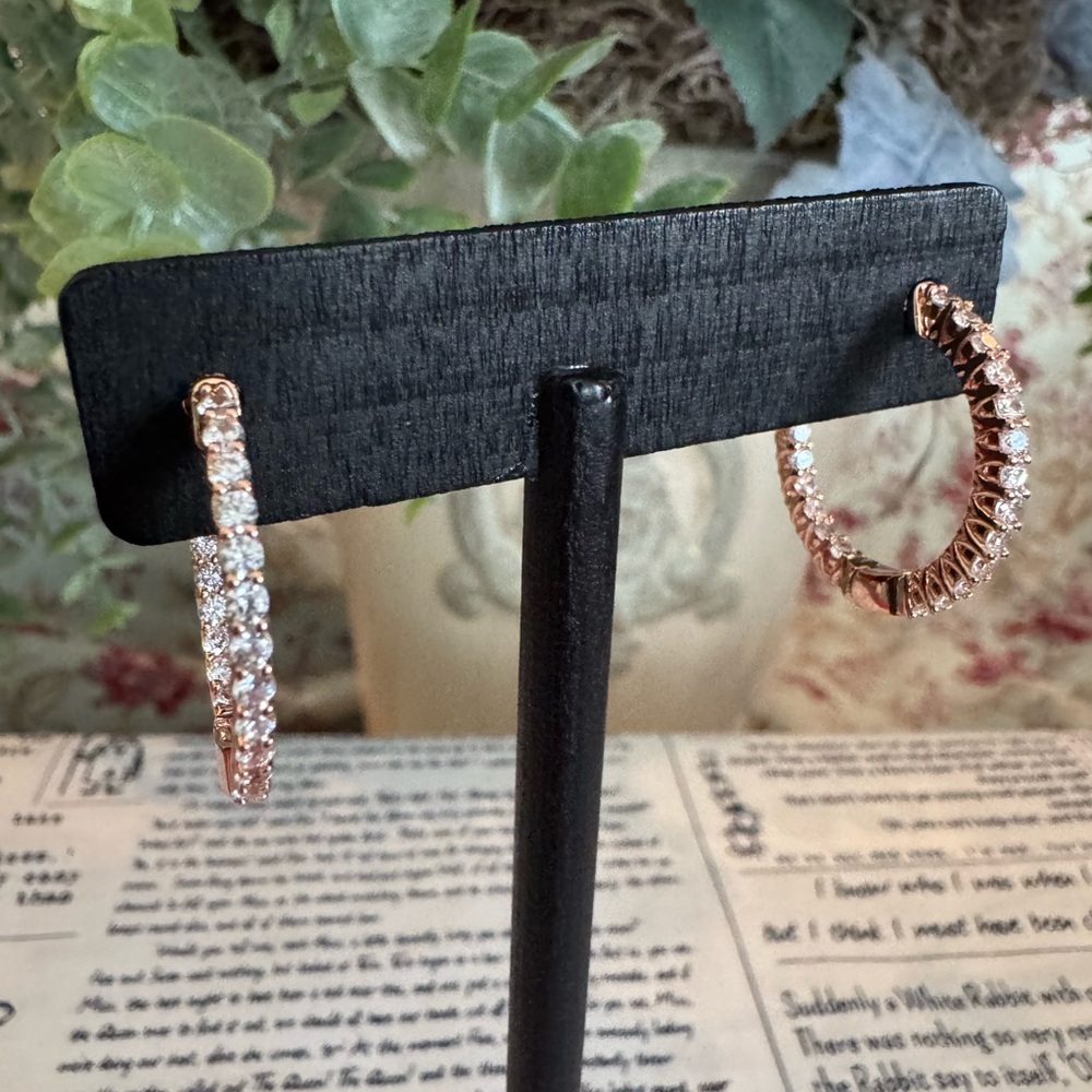 Stainless Steel Rose Gold Crystal Hoop Earrings - Women Jewelry - Picture 2 of 4